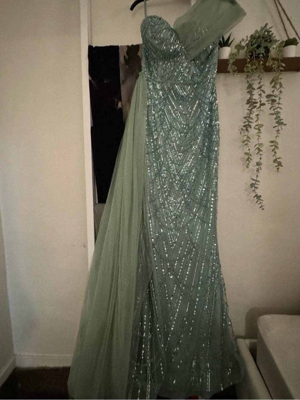 One-Shoulder Sequin Evening Gown in Sage Green